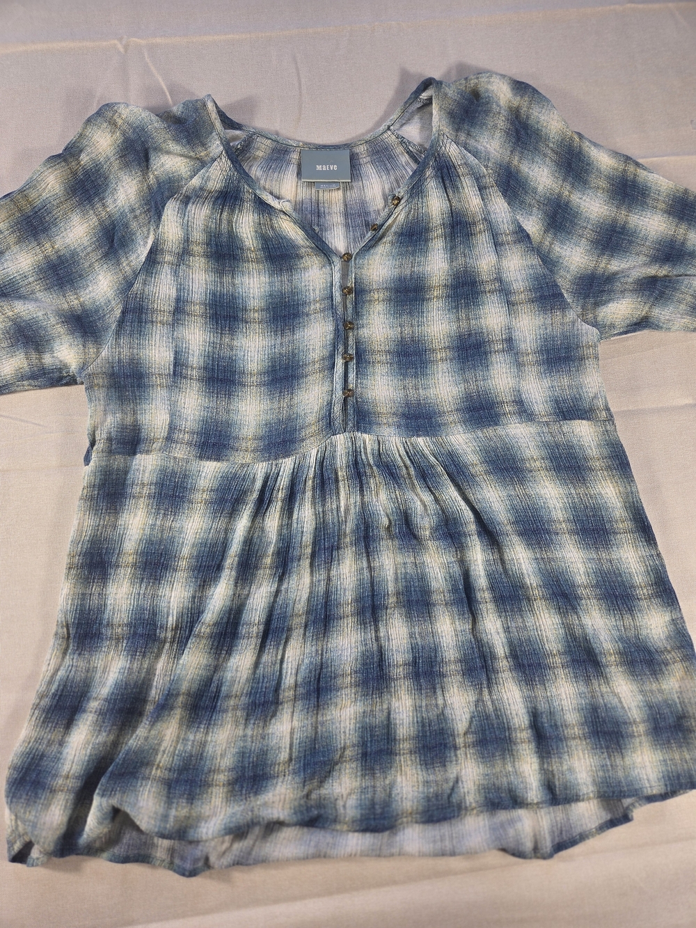 Maeve Anthropologie Plaid Peasant Tunic Top Medium Blue Cream Boho Babydoll - Picture 5 of 8